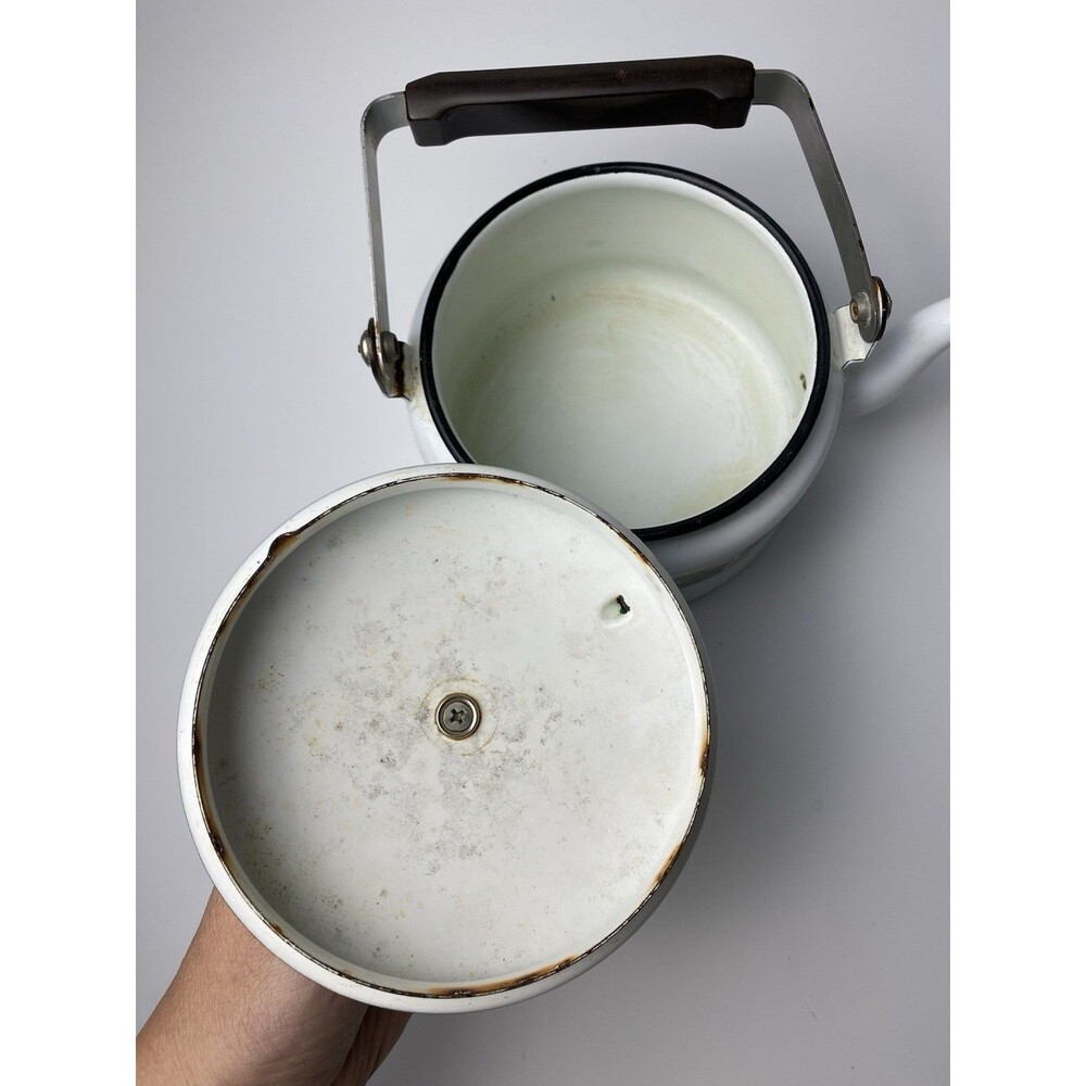 Vintage Porcelain Enamelware Ivy Pattern Tea Pot Kettle Cottage Kitchen Green - Picture 5 of 7